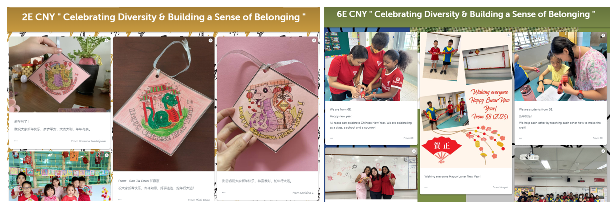 Two school class displays celebrating Chinese New Year with handmade crafts, student photos, and Lunar New Year greetings.