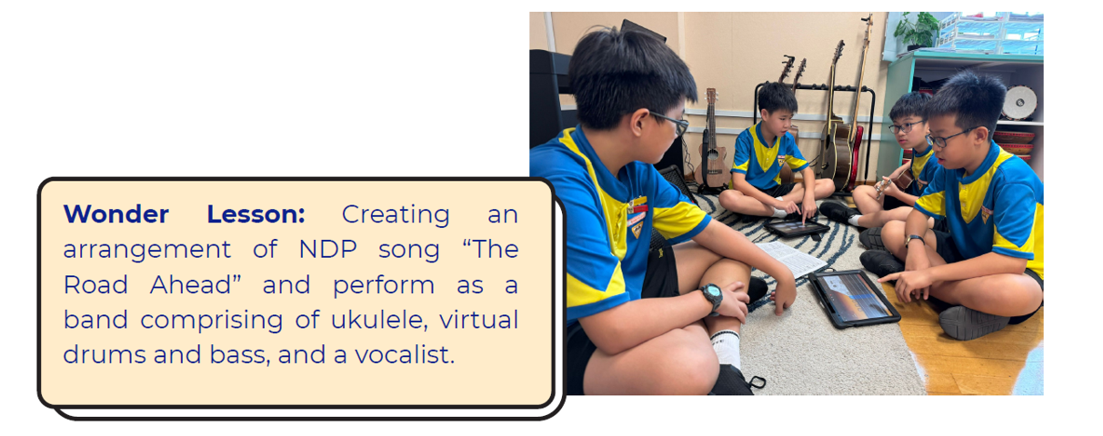 Four boys in blue and yellow uniforms sit on the floor with tablets and a ukulele, surrounded by guitars.