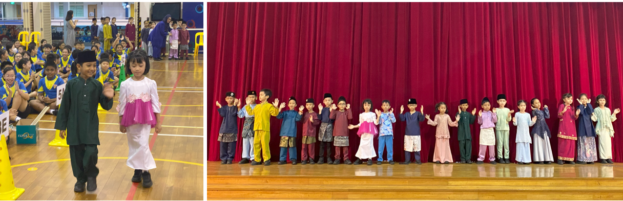Children in traditional Malay attire perform on stage and walk in a school hall during a cultural event.