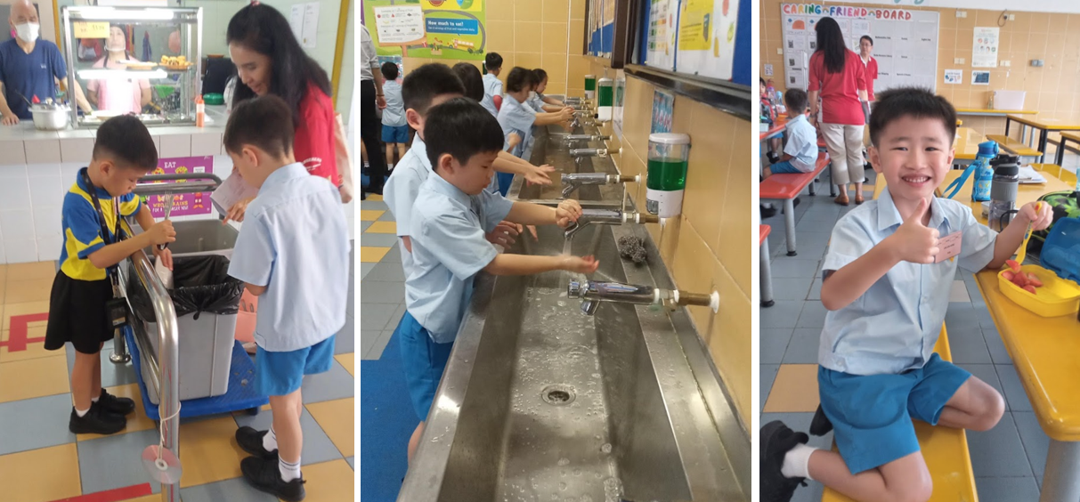Three school scenes: children washing hands at sinks, returning trays, and a smiling boy giving a thumbs up.