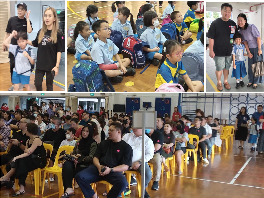 Collage of a school event with uniformed children sitting on a gym floor and adults seated on yellow chairs.