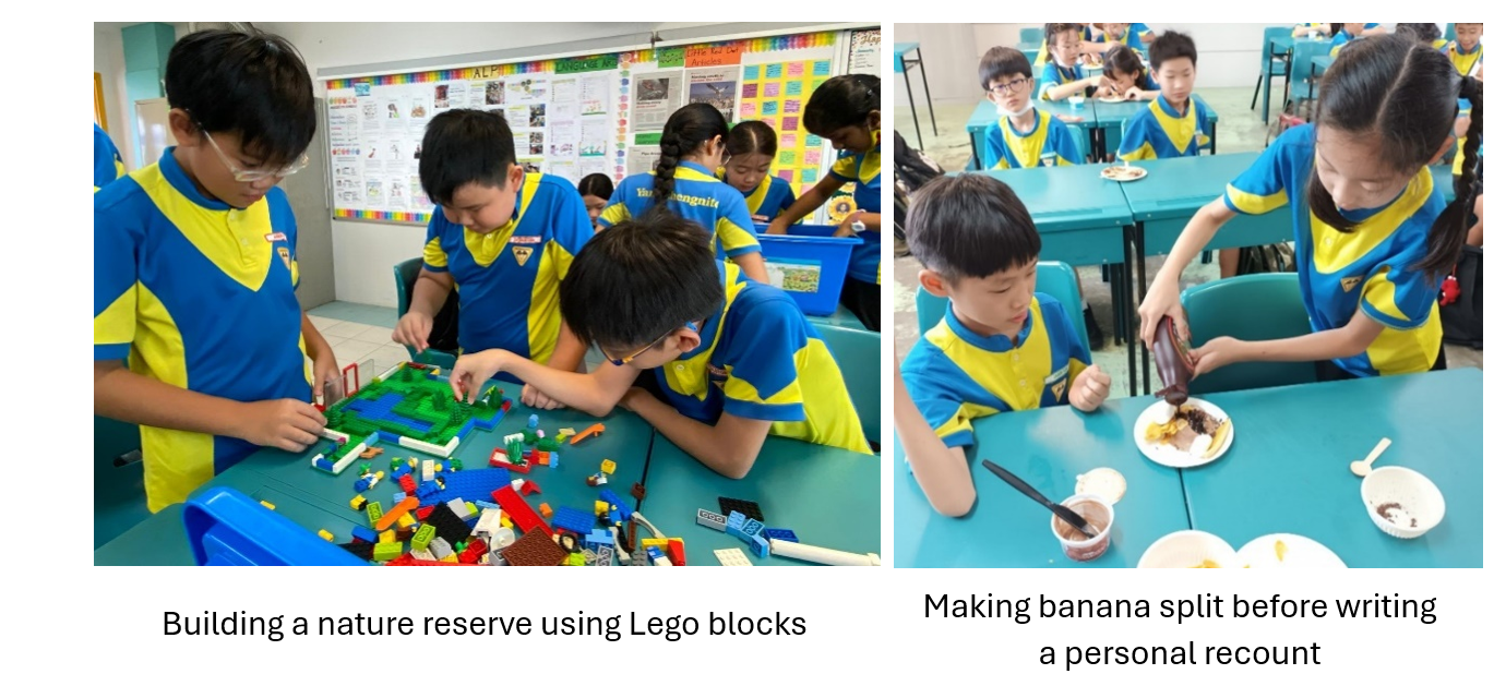 Students in blue and yellow uniforms build with Lego blocks and make banana splits in a classroom.