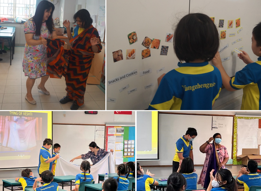 Students in blue uniforms participate in classroom activities including food sorting on a whiteboard and traditional cloth draping demonstrations.