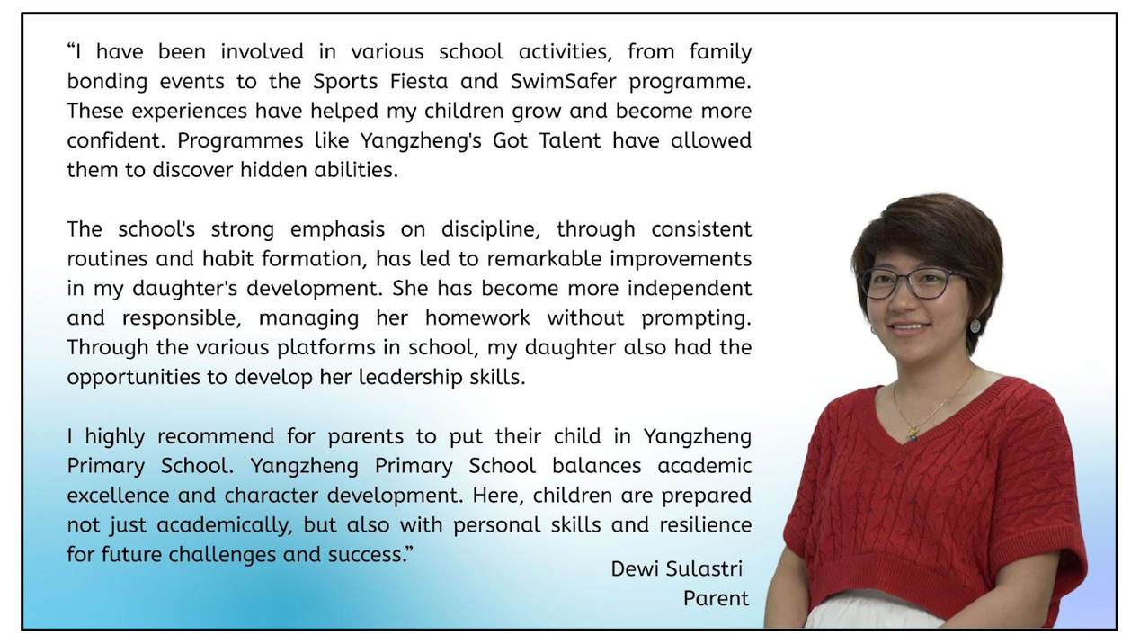 A smiling woman in a red sweater and glasses beside a testimonial quote from parent Dewi Sulastri about Yangzheng Primary School.