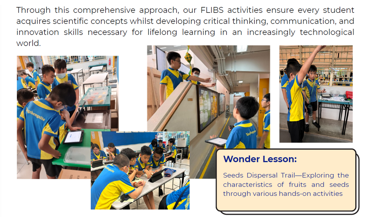 Students in blue and yellow uniforms doing hands-on science activities, with text about FLIBS and a Seeds Dispersal Trail lesson.
