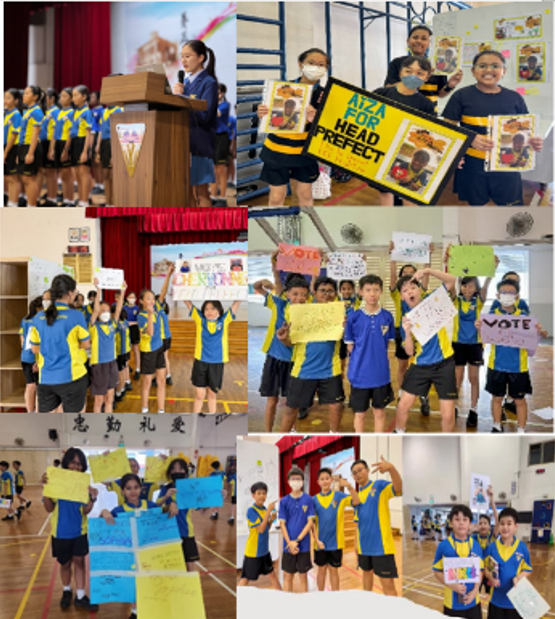 Students in blue and yellow uniforms campaigning for head prefect, holding signs and posters in a school setting.