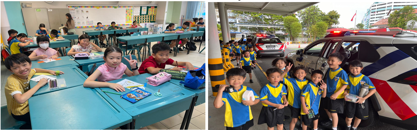 Children in blue and yellow uniforms pose near a police car outdoors, while other students smile at classroom desks.