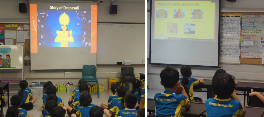 Students in blue and yellow uniforms watch classroom projections about Deepavali and popular snacks.