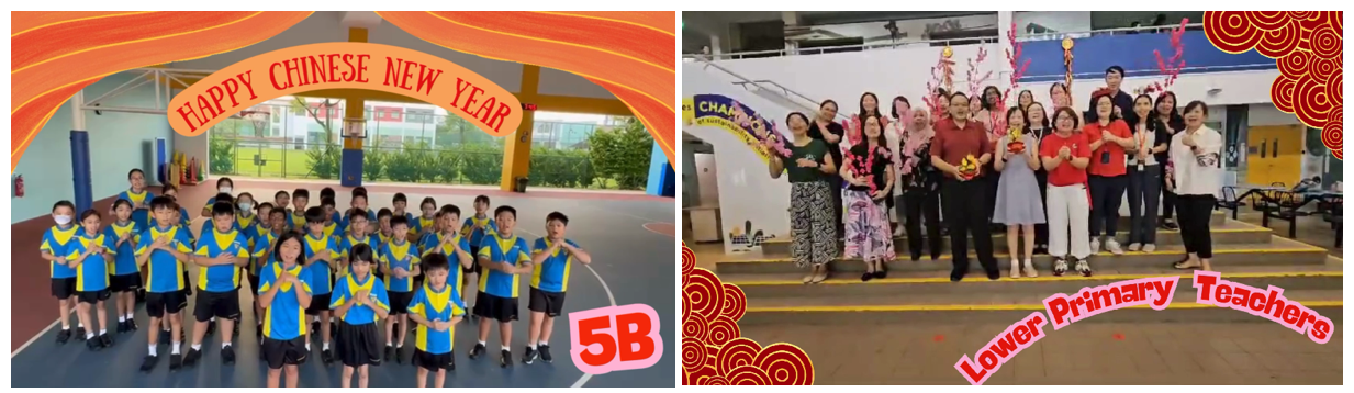 Class 5B students and lower primary teachers pose for Chinese New Year celebration photos at school.