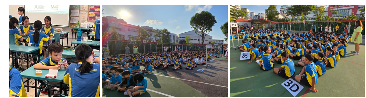 Three scenes of students in blue and yellow uniforms: in a classroom, seated outdoors in a courtyard, and grouped by class labels.