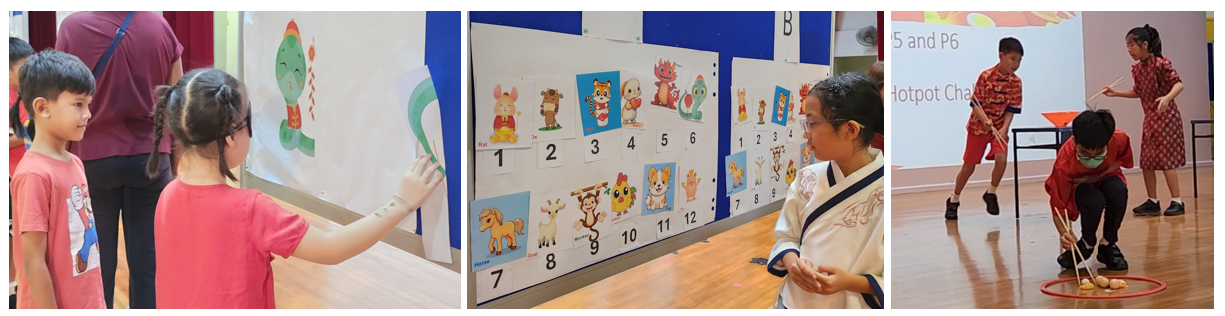 Three school activity scenes: kids at a cartoon board, a girl studying zodiac animal cards, and students playing a hoop game.