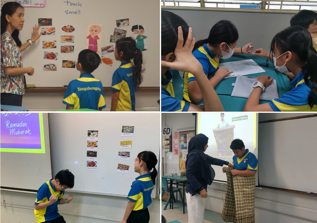 Four classroom scenes showing students in blue-yellow uniforms learning, with teachers using whiteboards and a Ramadan Mubarak slide.