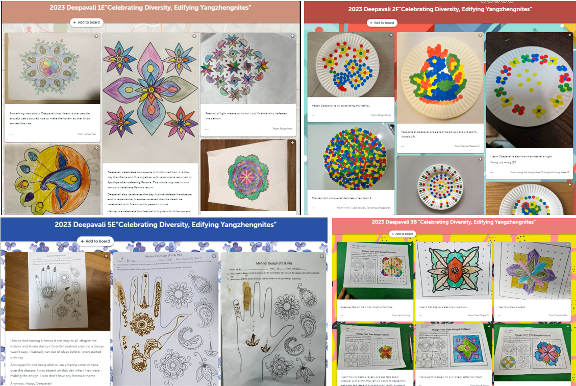 Four student project boards from 2023 Deepavali celebration showing colorful mandalas, rangoli art, henna designs, and paper plate decorations.