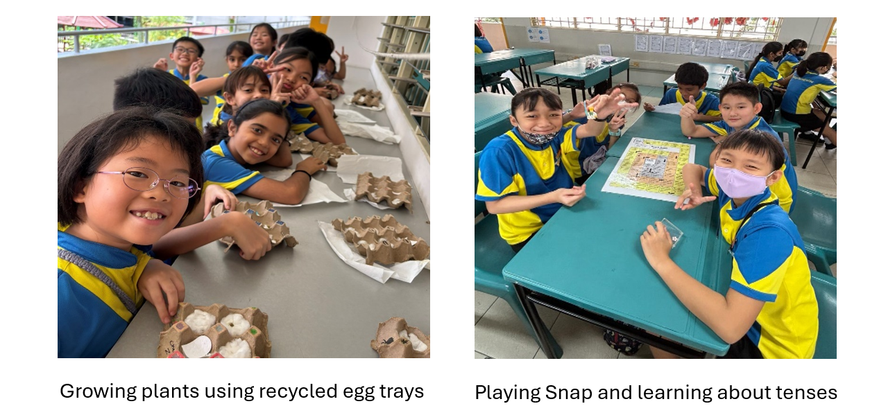 Students in blue and yellow uniforms grow plants in egg trays and play a card game about tenses in class.