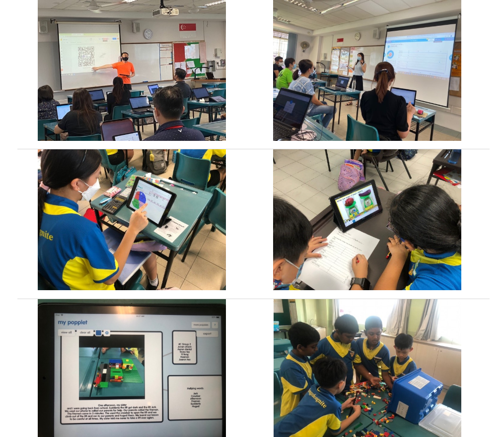 A montage of 6 pictures showing a group of teachers attending lessons on computer and infocom technical skills and the teachers using pupils using devices such as tablets and laptops to study