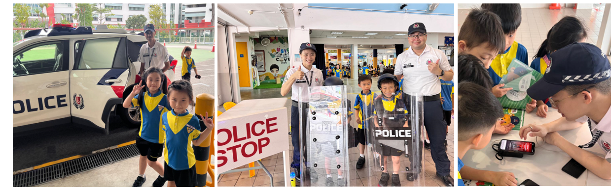Children interact with police officers, a patrol car, riot shields, and equipment during a school police awareness event.