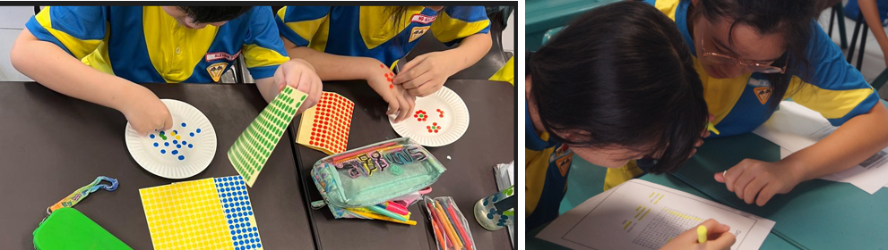 Students in blue and yellow uniforms sort colored dot stickers onto paper plates and review a worksheet together.