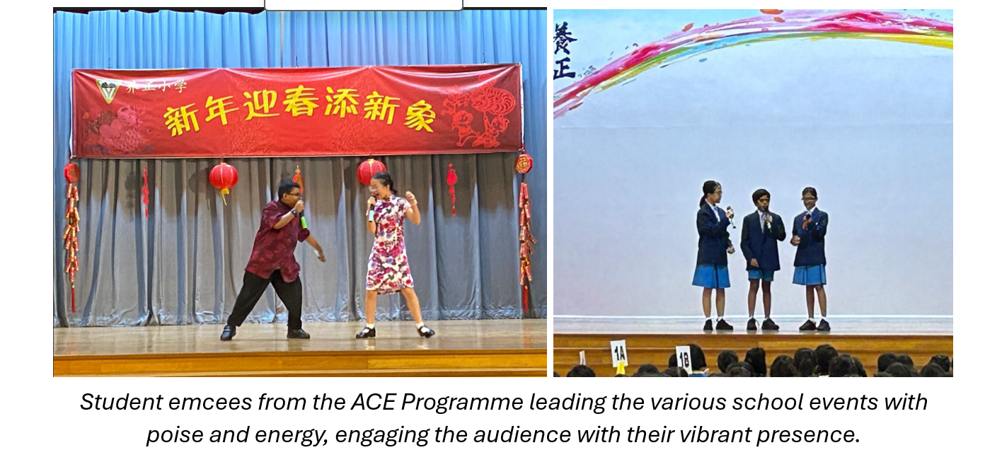 Two students perform on stage at a Chinese New Year event; three uniformed students emcee on another stage.