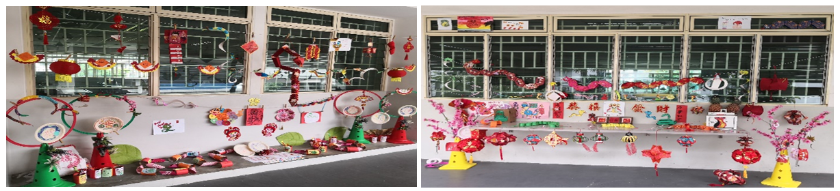Two rooms decorated with colorful Chinese New Year crafts including red lanterns, paper cutouts, and hanging ornaments.