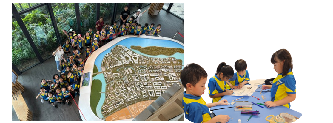 Students in blue and yellow uniforms gather around a city scale model, while others draw at a table.