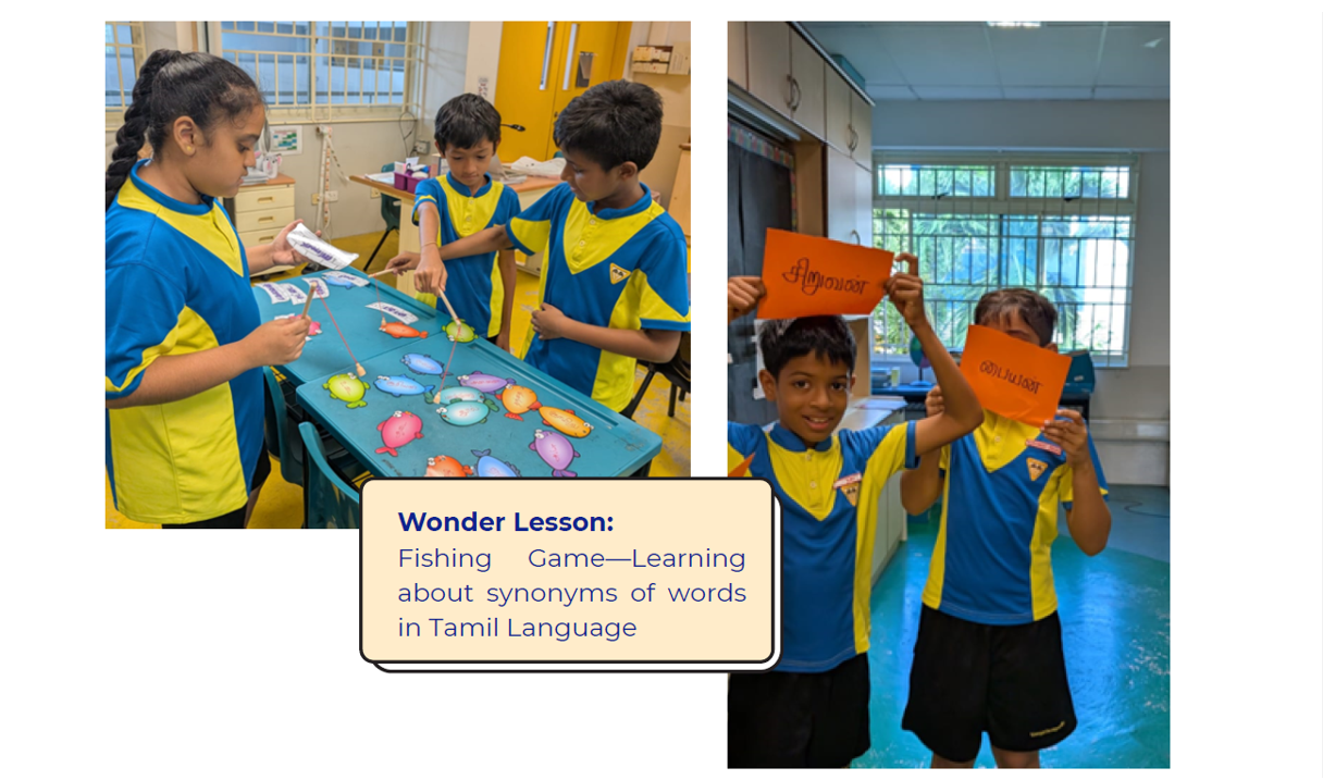 Students in blue uniforms play a Tamil language fishing game and hold orange cards with Tamil words written on them.