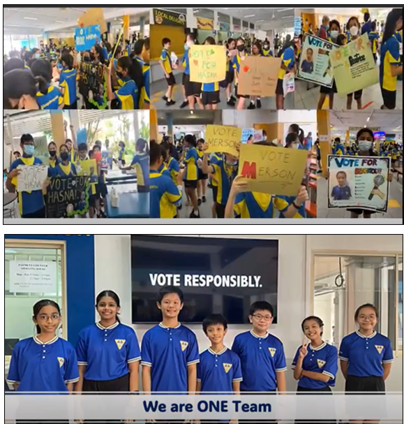 Students in blue uniforms hold campaign signs and pose before a "Vote Responsibly - We are ONE Team" banner.