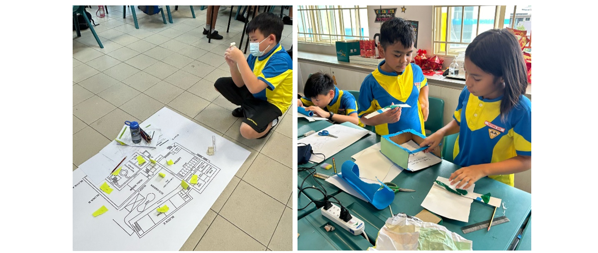 Students in blue and yellow uniforms work on a floor plan on the floor and craft a model at a desk.