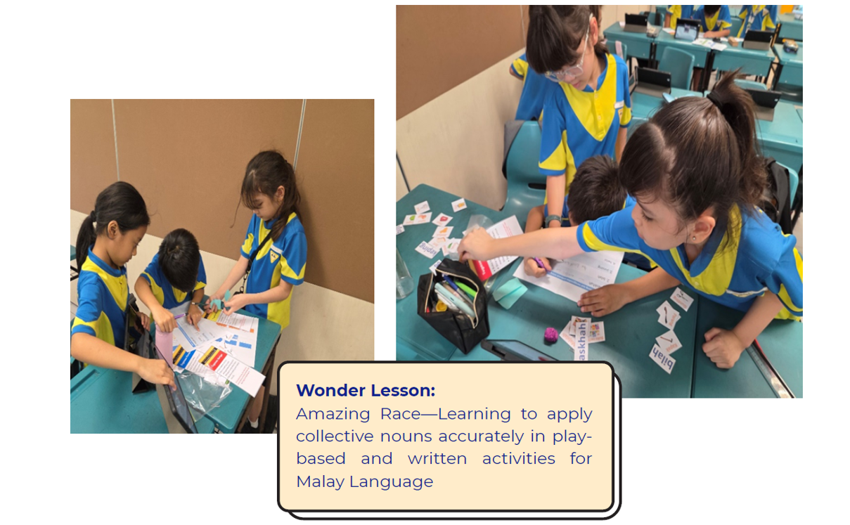 Students in blue and yellow uniforms work on Malay language activity cards at desks during a Wonder Lesson.