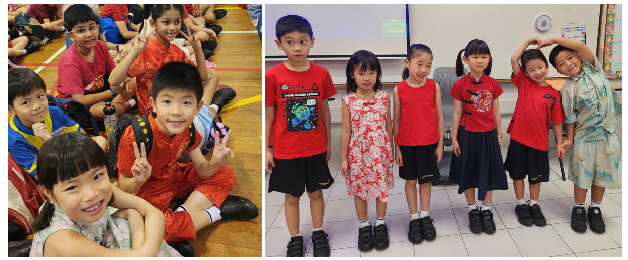 Young children in red and traditional outfits pose and smile, one group seated on a gym floor, another standing in a classroom.