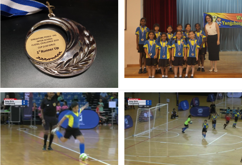 A montage of a picture of a medal, a group of primary school girls posing for a picture with their principal, a boy kicking a ball and a soccer match