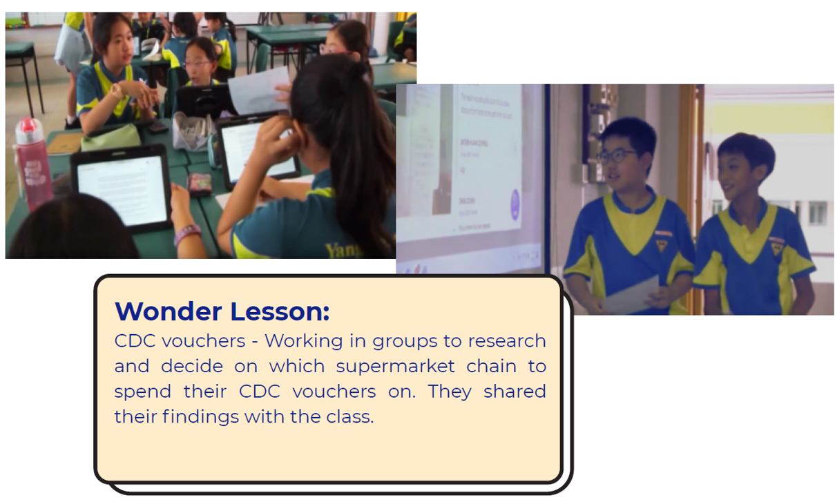 Students in blue and yellow uniforms use tablets in class and two boys present findings in front of a screen.