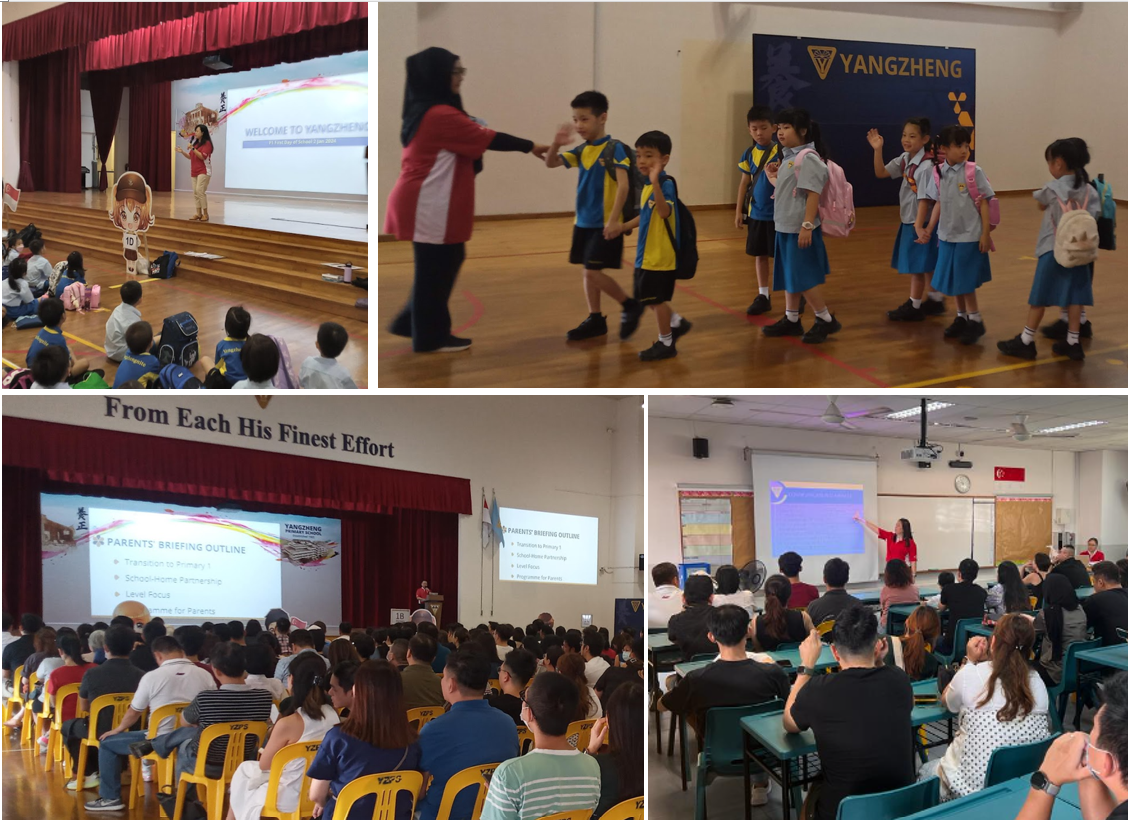 Four scenes from Yangzheng Primary School showing a children's assembly, students with a teacher, and parent briefing sessions.