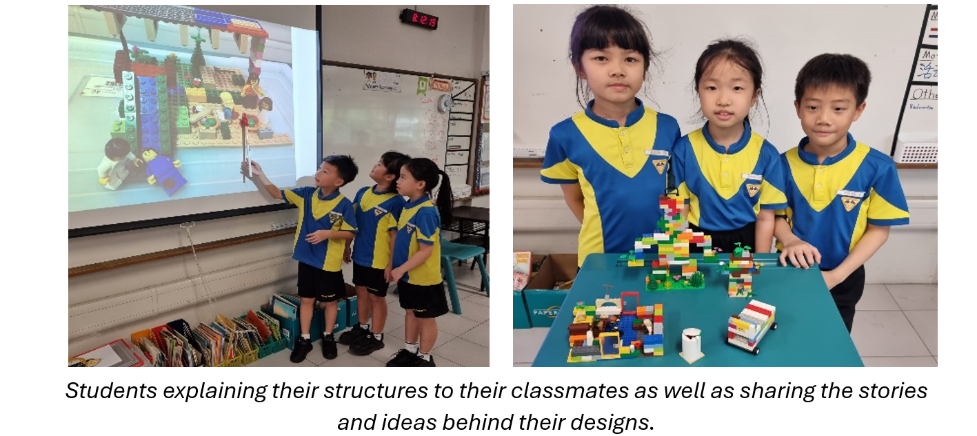 Three children in blue and yellow uniforms present Lego structures, one group points at a projected Lego scene on a screen.