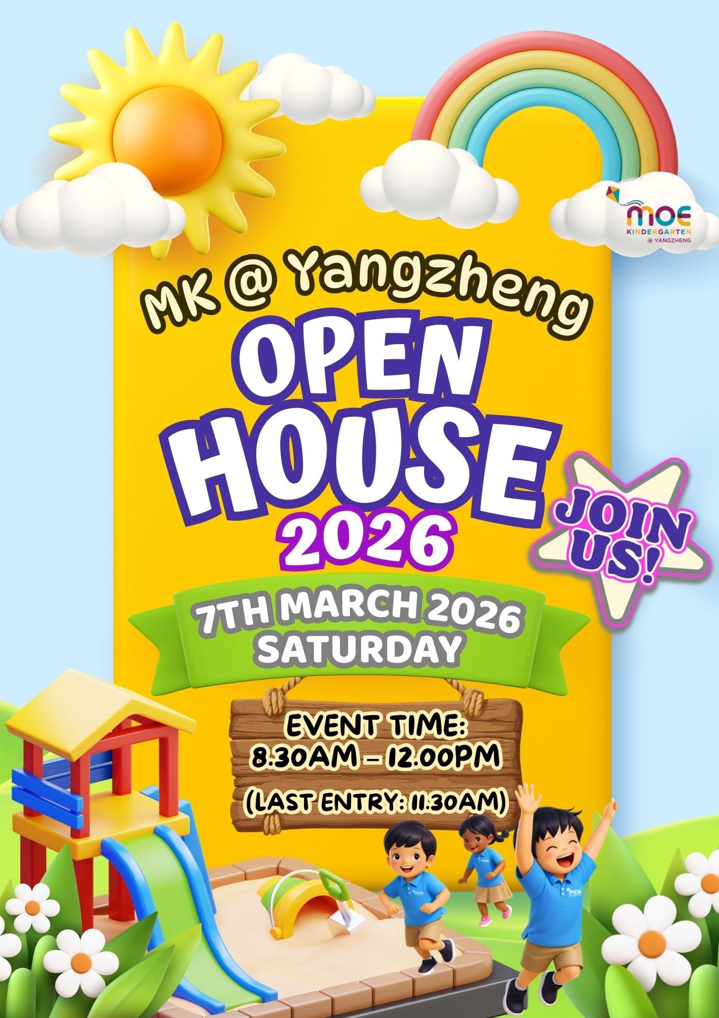 Colorful flyer for MK at Yangzheng Open House 2026 on 7th March, Saturday, 8:30AM to 12PM.