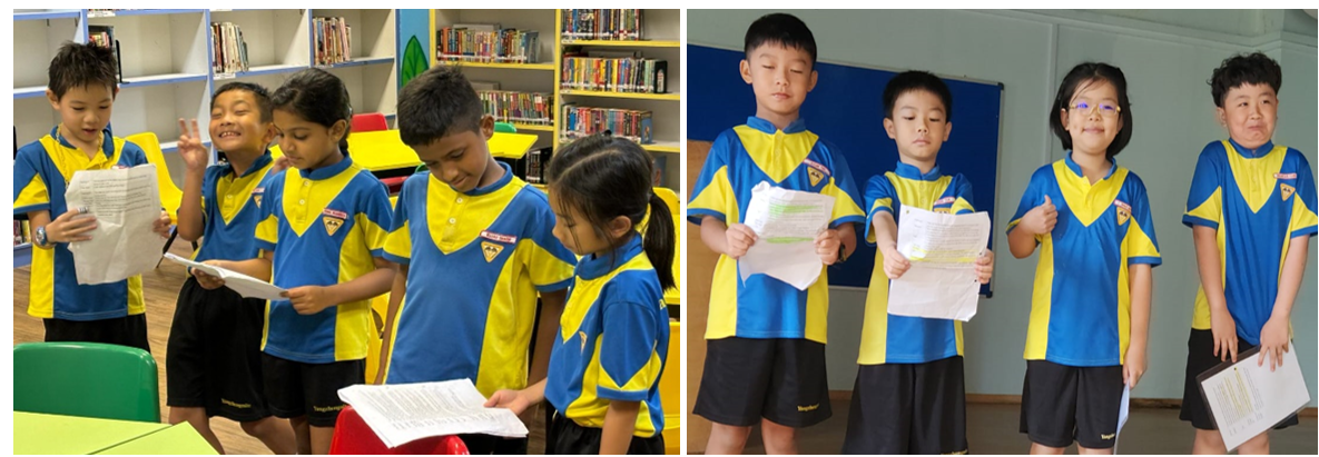 Two groups of young students in blue and yellow uniforms holding papers, appearing to read aloud or present.