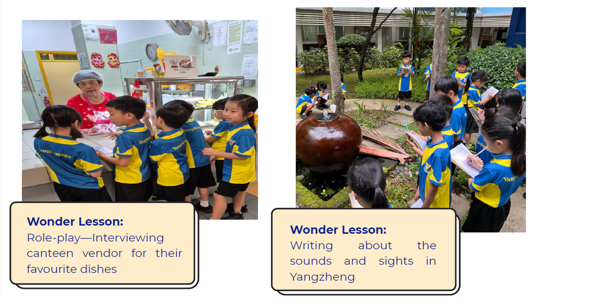Two school activity photos: students in blue uniforms interview a canteen vendor and write outdoors near a garden fountain.