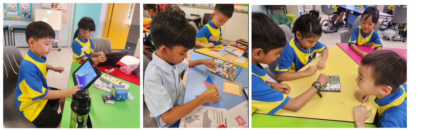 Young students in blue and yellow uniforms engage in classroom activities including tablet use, tangram puzzles, and board games.