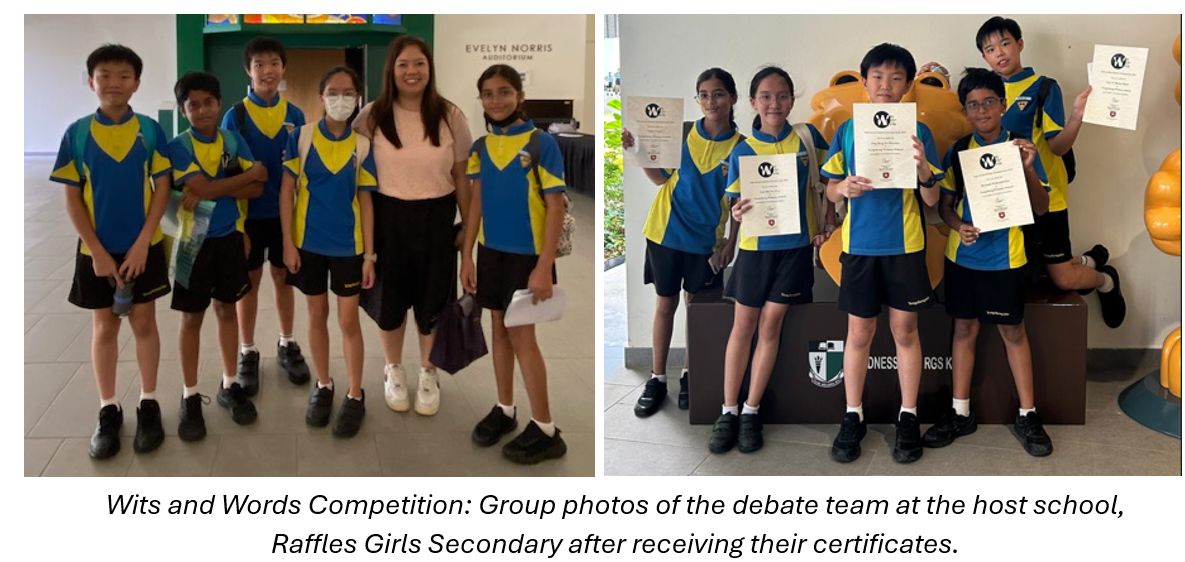 Students in blue and yellow uniforms pose for group photos, some holding certificates, at a debate competition.