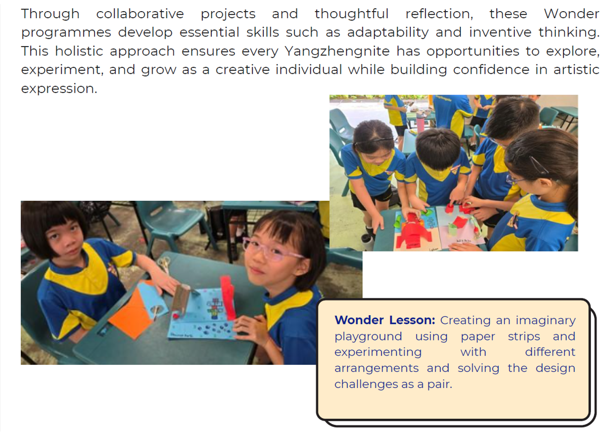 Students in blue and yellow uniforms build paper playground models at desks in a Wonder Lesson activity.