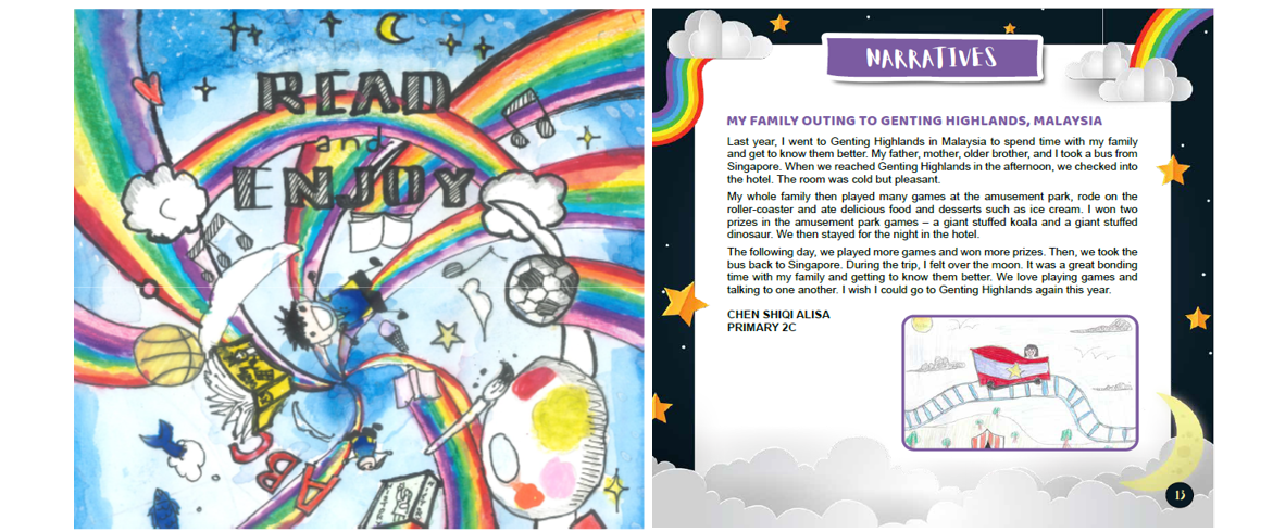 Children's magazine spread with a colorful "Read and Enjoy" cover art and a narratives page with a student's essay.