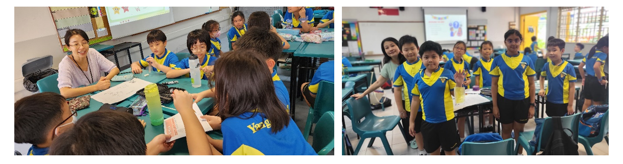 Two classroom scenes showing young students in blue and yellow uniforms, one with a teacher at a desk activity.