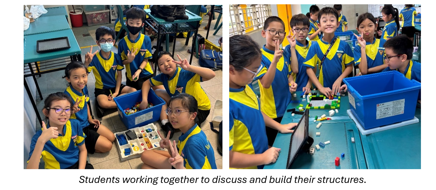 Children in blue and yellow uniforms pose and build with LEGO bricks in a classroom setting.