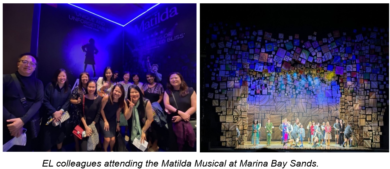 Group poses before Matilda Musical sign; right shows cast on stage with colorful letter-block set design.