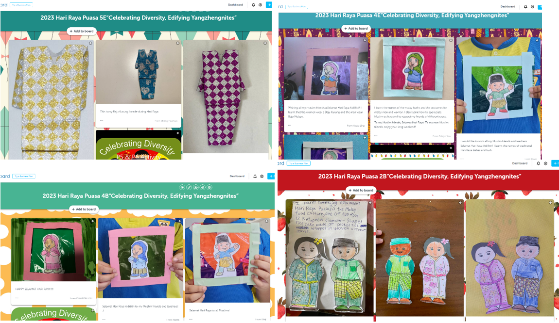 Four digital boards showing student artwork of traditional Malay outfits and paper dolls for Hari Raya Puasa 2023.