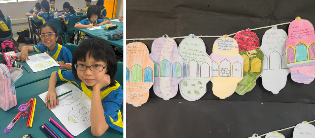 Students in blue uniforms draw at desks beside colorful hand-shaped cards with thank-you messages strung on a line.