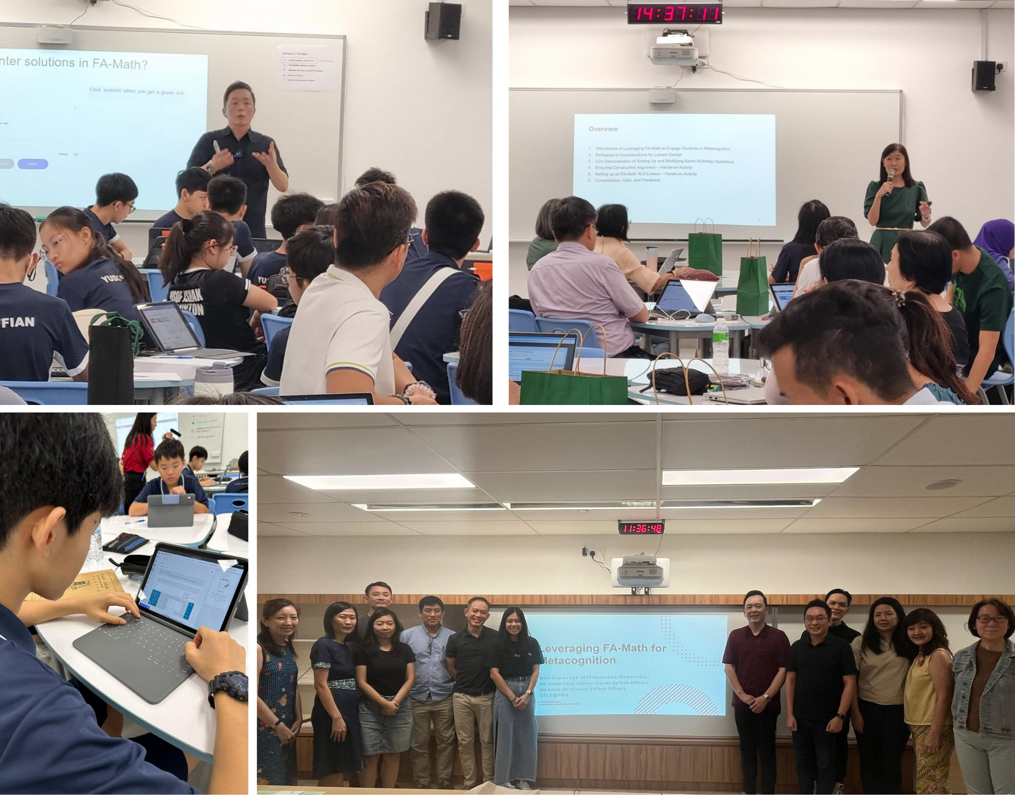 Four-panel collage showing a classroom workshop on FA-Math, with presenters, attendees, a tablet user, and a group photo.