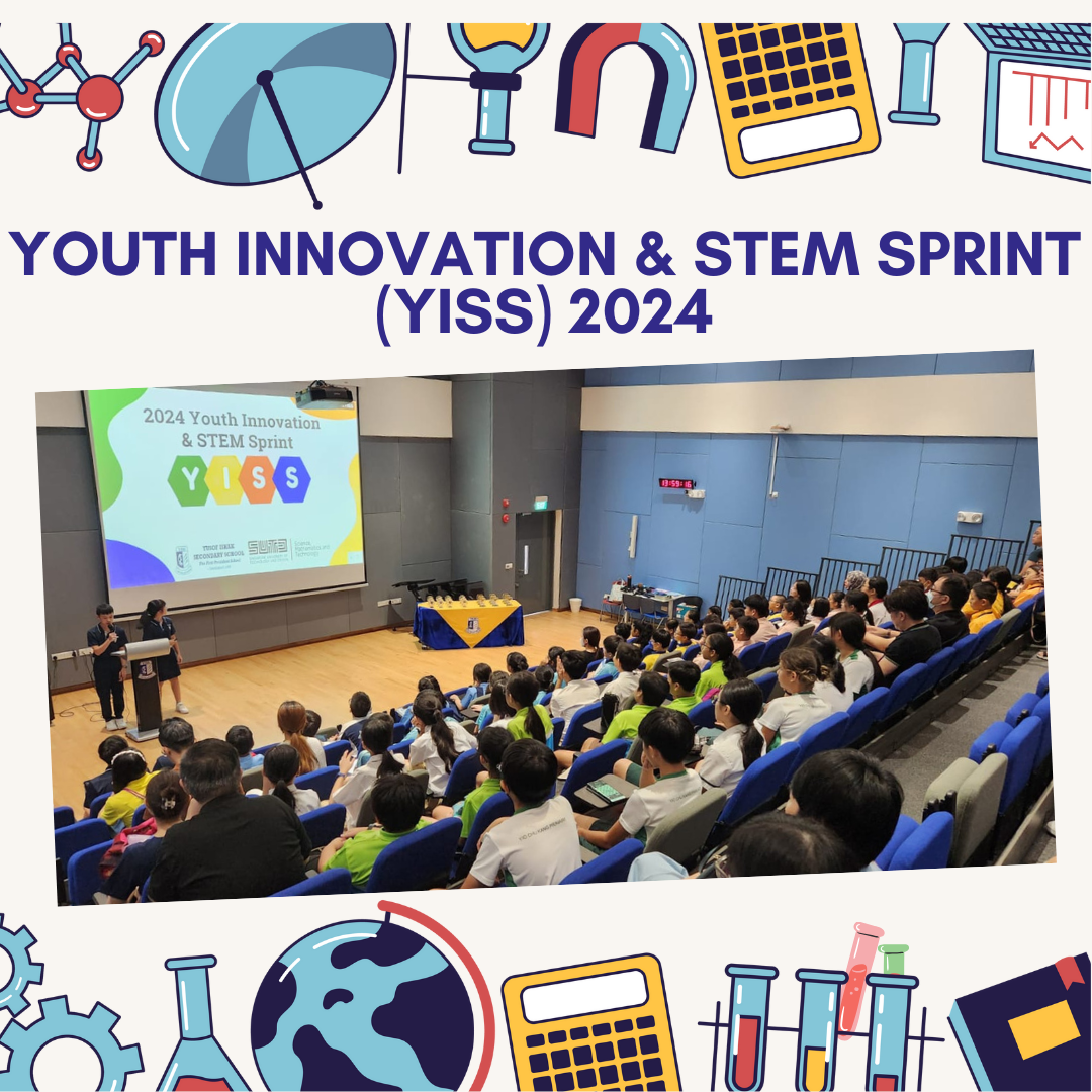 Students seated in an auditorium attend the 2024 Youth Innovation and STEM Sprint event with a projected YISS slide.