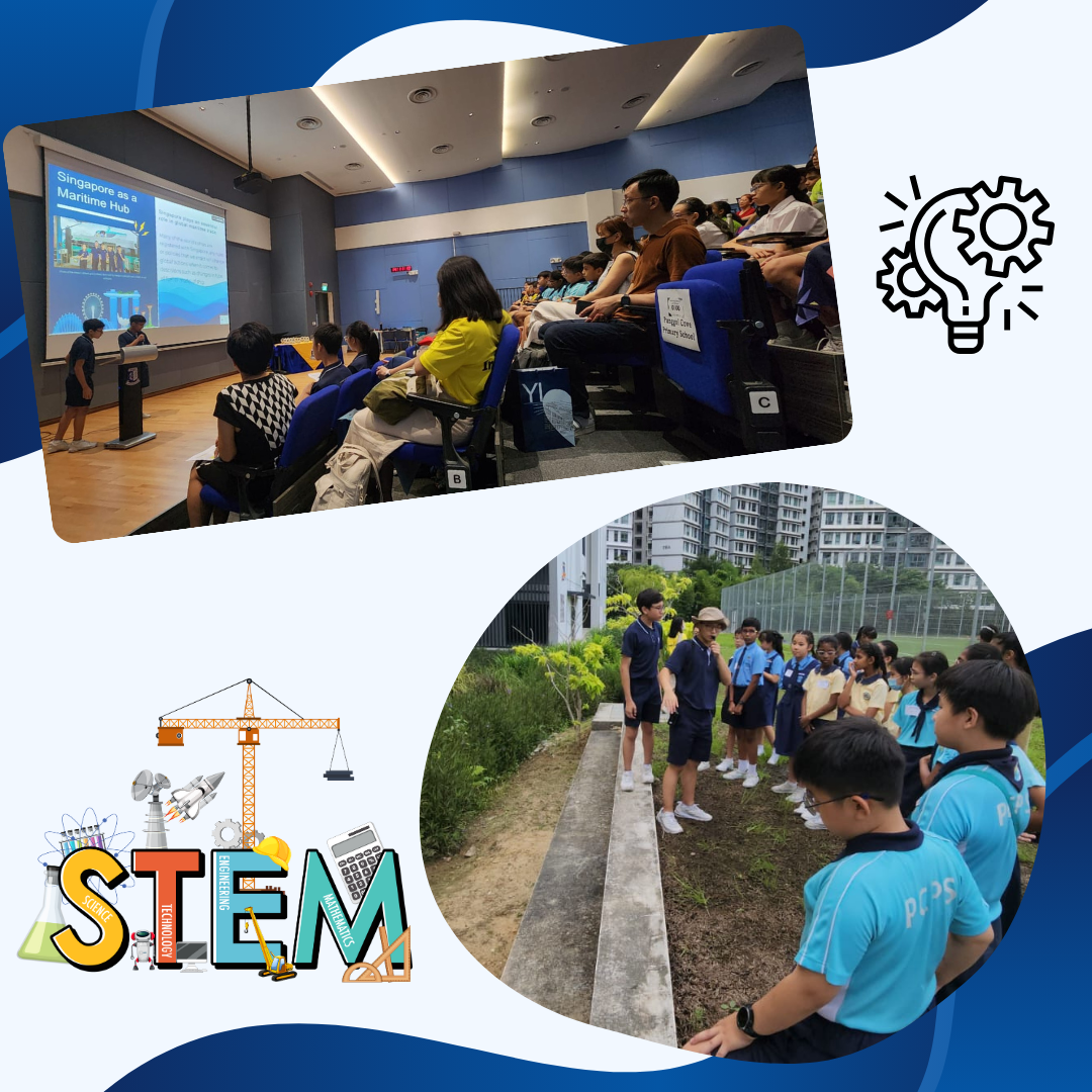 Two STEM event scenes: students in an auditorium watching a presentation and a group outdoors near a garden bed.