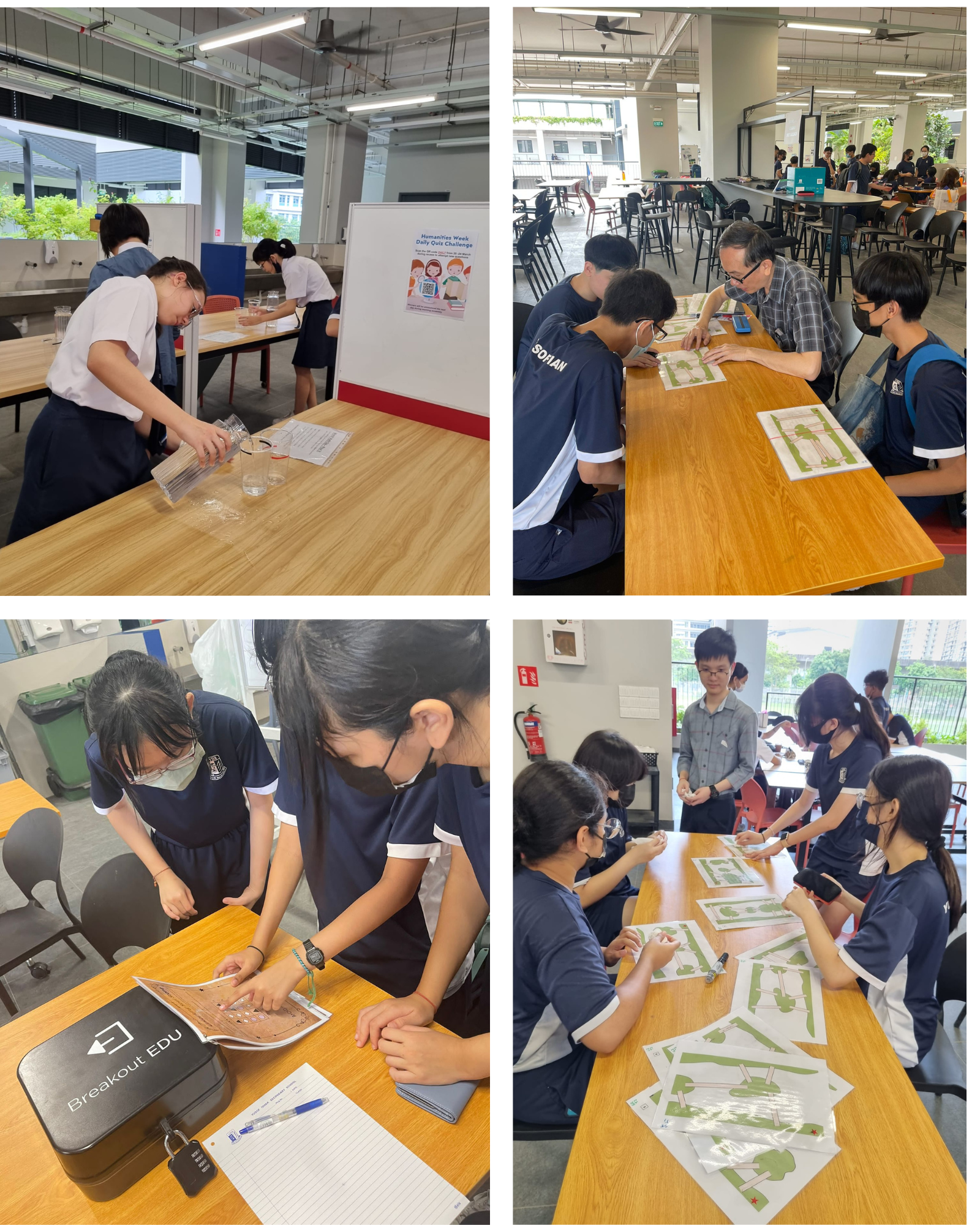 Four-panel collage of students in uniforms doing table activities, pouring water and assembling paper models.