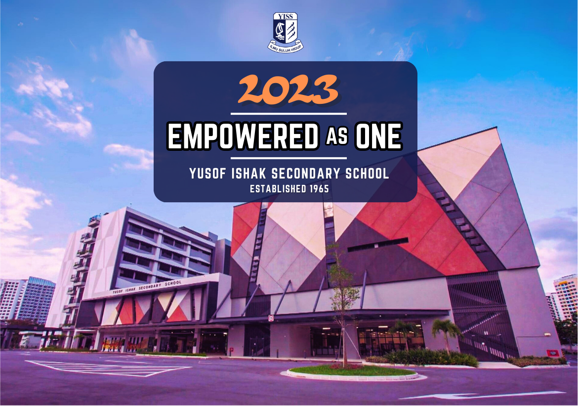 2023 Empowered as One banner over Yusof Ishak Secondary School building with bold red geometric facade.